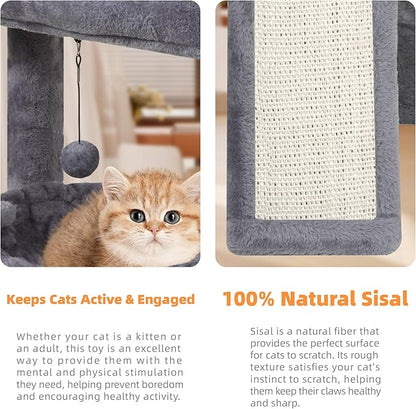 YOUPET Cat Tree with Cat Scratching Post for Indoor Cats, Cat Tower with Scratching Board and Playful Toy Balls, Cat Tree Tower with Cozy Hammock,Grey