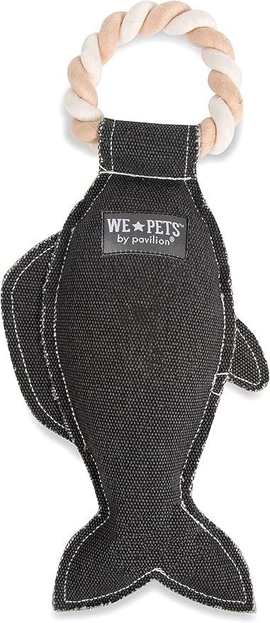 Pavilion Gift Company Lake Dog Fish 13 Inch Large Tug of War Rope Sturdy & Durable Canvas Dog Toy, Grey