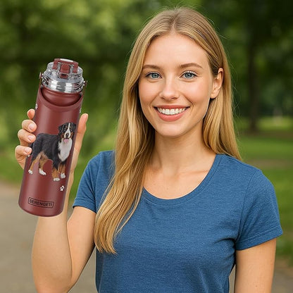 SERENGETI 24 Oz Water Bottle Stainless Steel with Spill Proof Lid - Double walled Vacuum Insulated water flask - Realistic 3D Print of your favorite dog (Bernese Mt. Dog)