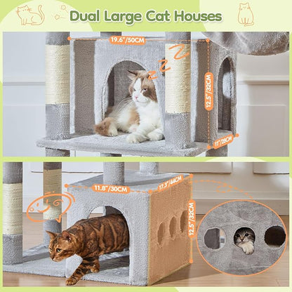 Taoqimiao 72 Inch Cat Tree, XXL Cat Tower for Indoor Cats Large Adult 25Lbs+, Extra-Large Platform, 2 Cat Houses, 7 Scratching Post, Extra-Sized Durable Hammock, Cozy Basket, Light Gray, F20W