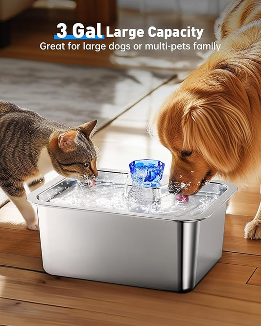 3Gal Large Dog Water Fountain Dispenser, 11L Stainless Steel Pet Fountain with 6 Filters, Ultra Quiet Automatic Dog Water Bowl Dispenser for Large & Multi-pet, Wide Drinking Area, Easy to Clean