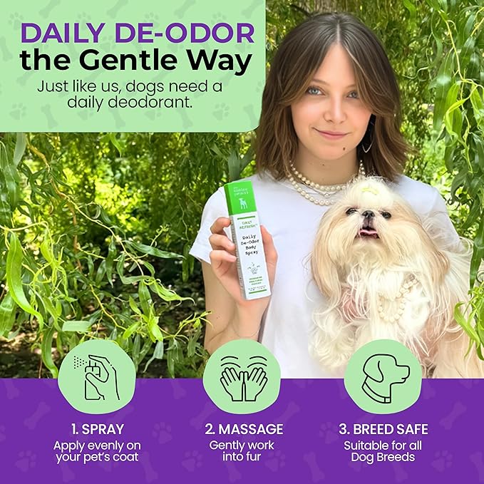 Hydrating Daily Dog Deodorant Spray – Gentle Between Bath Cleansing & Deodorizing Spray for Grooming Dry & Sensitive Skin – Extends Between Bath Time During Cold Weather