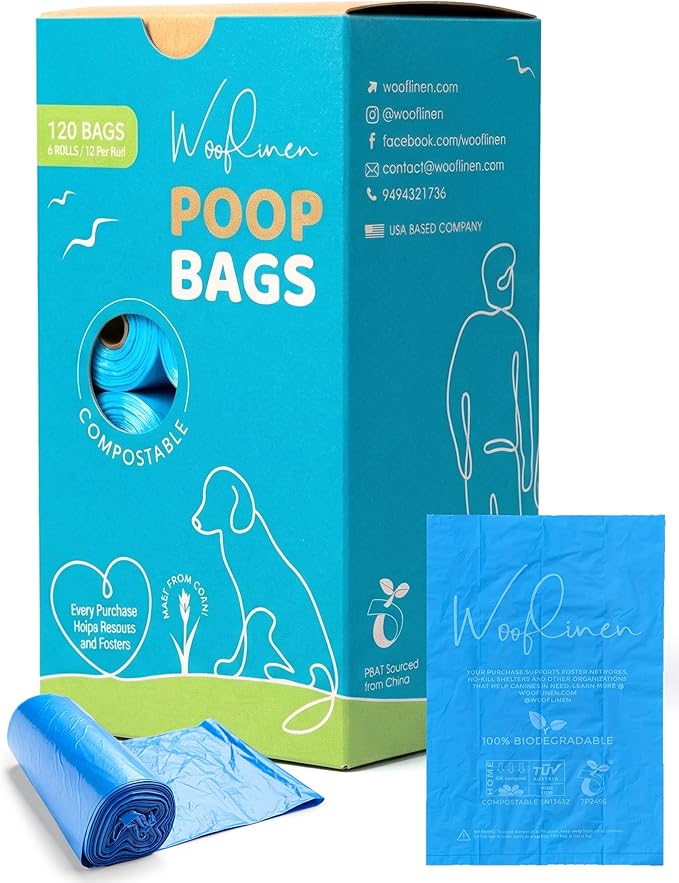 Wooflinen Unscented Compostable Dog Poop Bags – Leak-Proof Dog Poop Bags Rolls – Large 9x13”, Durable, Easy Tear – Made from Plant-Based Materials – For Big & Small Dogs – 120 Bags (8 Rolls)