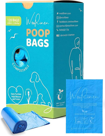 Wooflinen Unscented Compostable Dog Poop Bags – Leak-Proof Dog Poop Bags Rolls – Large 9x13”, Durable, Easy Tear – Made from Plant-Based Materials – For Big & Small Dogs – 120 Bags (8 Rolls)
