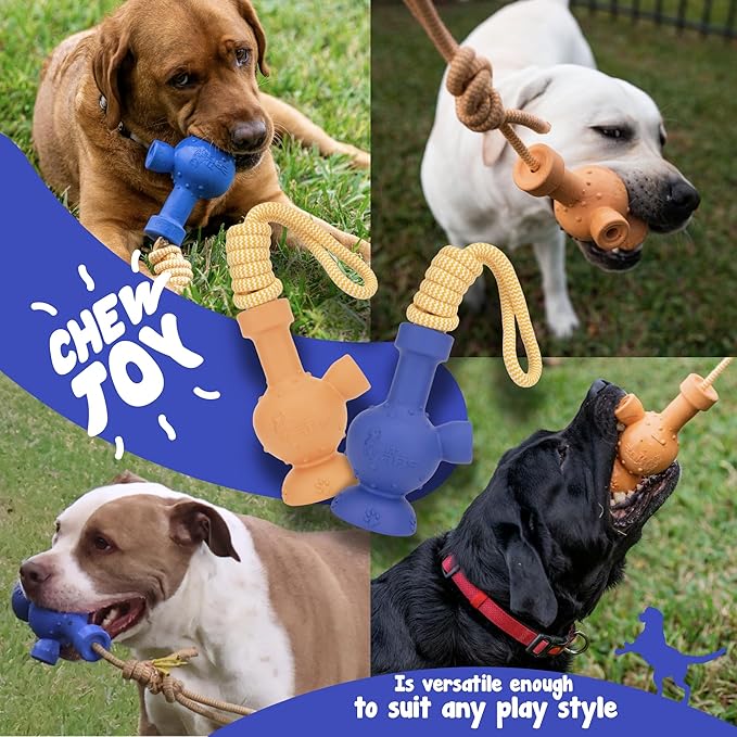 Dog Tug Toy with Rope Dog Entertaining, Treat Dispensing Dog Toy, Works for All Dog Sizes and Breeds. Fun Novelty Gift - Rubber Dog Toy with Funny Shape Tug-A-War - Blue Body & Orange Rope