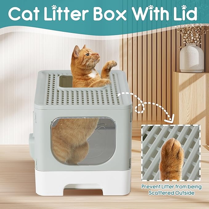 OLIXIS Cat Litter Box with Lid, Large Foldable Cat Box with Litter Scoop, Front Entry Top Exit Kitty Litter Box with Door, Easy Cleaning Drawer Design Odor Control, Grey