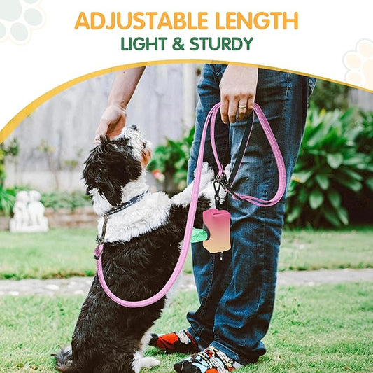 Kazazoo Hands-Free Dog Leash with Poop Bag Holder, Adjustable 4-7 Ft Waist for Dog Walking, Running for Small & Medium Dogs with Reflective Strips, Nylon Waist Belt, Pink
