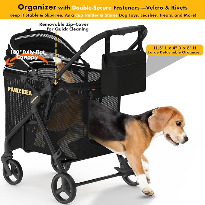 PAWZIDEA Dog Stroller for Large Dogs up to 80 lbs, Lockable No-Zip 180° Reversible Canopy, One-Hand Foldable Pet Stroller for 2 Medium Dogs, All-Terrain Jogger Wheels, Storage Organizer, Chew-Proof