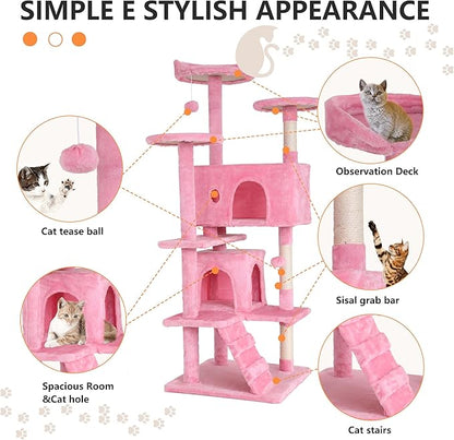 BestPet | 54" Cat Tree Tower | Pink | Sturdy, Easy to Assemble, Multi-Level Activity Center with Sisal Scratching Posts, Condos, Perches, Hanging Cat Toys, Observation Decks & Ladder