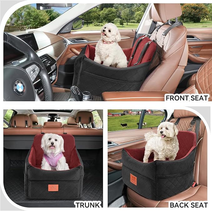 GL GLENSLAVE Dog Car Seat for Small/Medium Dogs, Dog Booster Car Seats with Thick Cushion for Dogs Under 35lbs, Detachable Washable Pet Carseat with Storage Pockets, 2 Safety Belts(Black/Red)