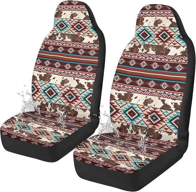 Aztec Cow Print Car Seat Covers Full Set of 2 Waterproof Breathable Car Seat Cover for Front Seats Elastic Fabrics Easy to Install Universal for Auto Truck Van SUV