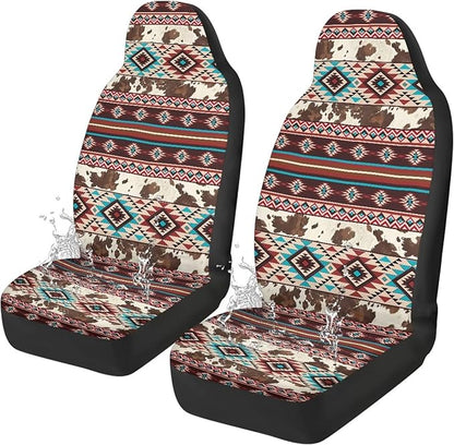 Aztec Cow Print Car Seat Covers Full Set of 2 Waterproof Breathable Car Seat Cover for Front Seats Elastic Fabrics Easy to Install Universal for Auto Truck Van SUV