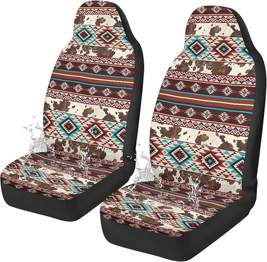 Aztec Cow Print Car Seat Covers Full Set of 2 Waterproof Breathable Car Seat Cover for Front Seats Elastic Fabrics Easy to Install Universal for Auto Truck Van SUV