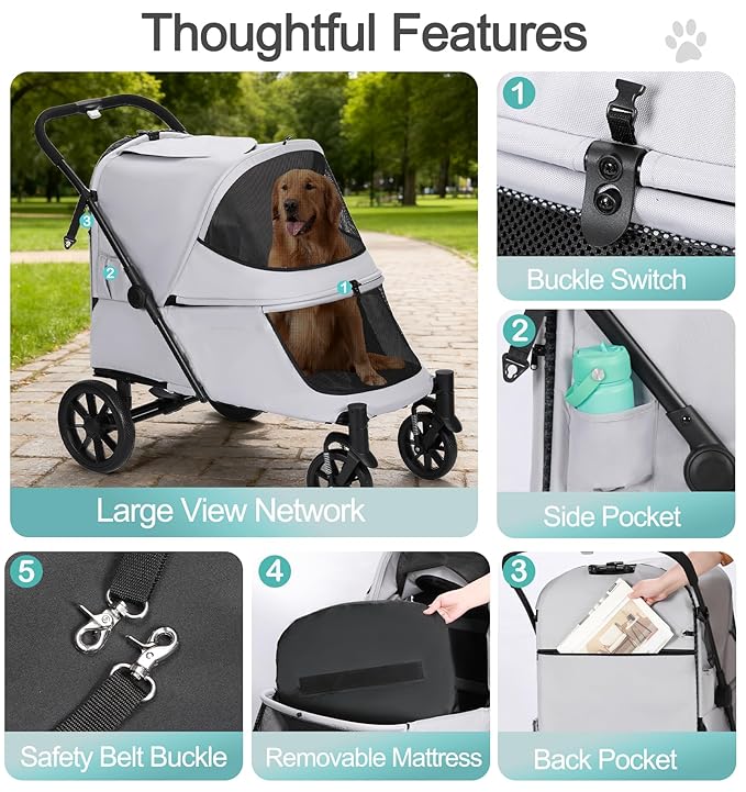 Pet Stroller with Ramp for Large Dogs up to 132lbs, Large Pet Gear for Multiple Dogs/Cats, All-Terrain with Mesh Dual-Window & NO-Zip, Removable Mattress & Slope Pad (Gray)