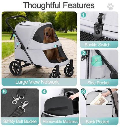 Pet Stroller with Ramp for Large Dogs up to 132lbs, Large Pet Gear for Multiple Dogs/Cats, All-Terrain with Mesh Dual-Window & NO-Zip, Removable Mattress & Slope Pad (Gray)