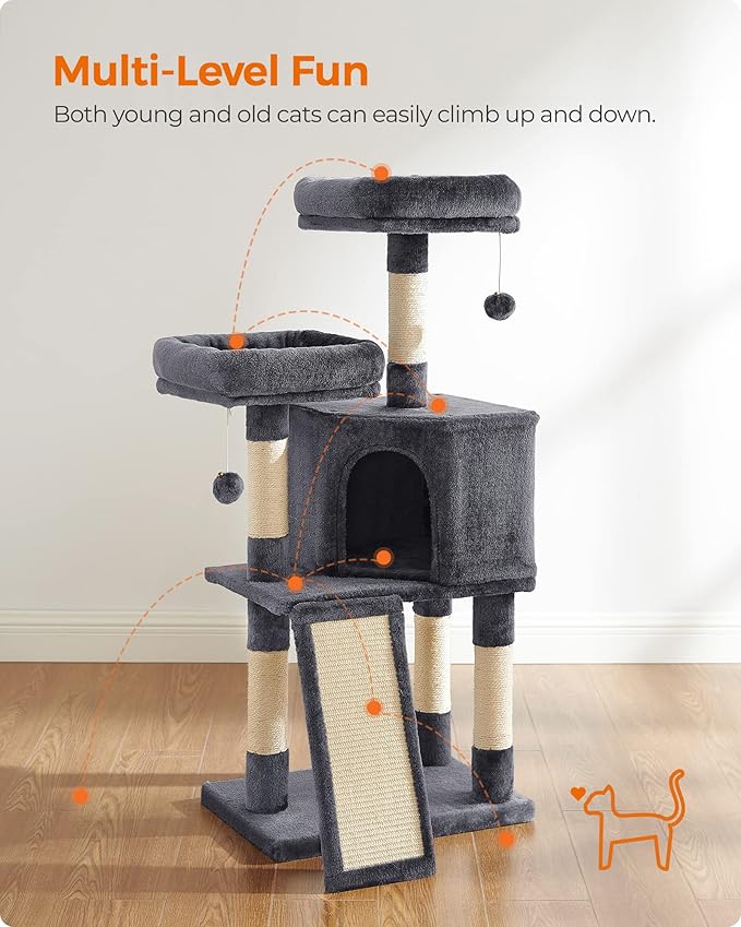 Feandrea Cat Tree, 45.3-Inch Cat Tower, Plush Condo with Scratching Post, Ramp, Perch, Spacious Cave, for Small Space, Smoky Gray UPCT141G01