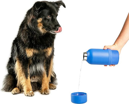 Ubbi Pup & Me Insulated Stainless Steel Dog Water Bottle with Attached Bowl, 32 oz Portable Leakproof Travel Bottle for Dogs and Owners, Blue