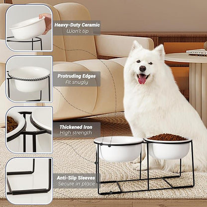 Ceramic Elevated Dog Bowl Set - Raised Double Feeding Bowls with Metal Stand - Pet Dishes for Medium and Large Dogs - 3.5 Cups - 54 fl oz - Matte White