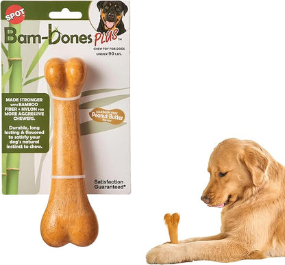 SPOT Bam-Bones Plus Dino Bone - Bamboo Fiber & Nylon, Durable Long Lasting Dog Chew for Aggressive Chewers – Great Toy for Dogs Under 90lbs, Non-Splintering, 7.25in Peanut Butter Flavor Allergen Free