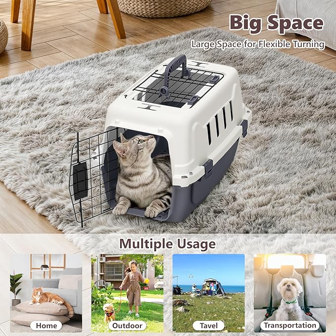 Athena Collection 18" Hard-Sided Travel Pet Carrier for Small Dogs and Cats, Plastic Dog Carriers with 2-Door Top & Front Load & Ventilation & Security Lock, Cat Dog Carrier for Pet, up to 10lbs, Grey