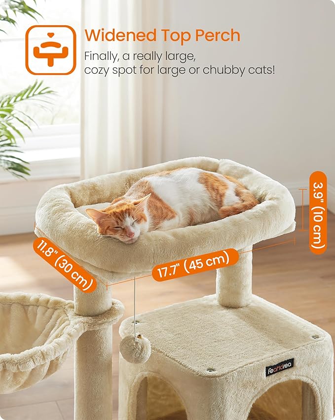 Feandrea Cat Tree, 37.8-Inch Cat Tower, Multi-Level Condo with Widened Perch, Scratching Posts and Ramp, 2-Door Cave, Hammock, Beige UPCT51M