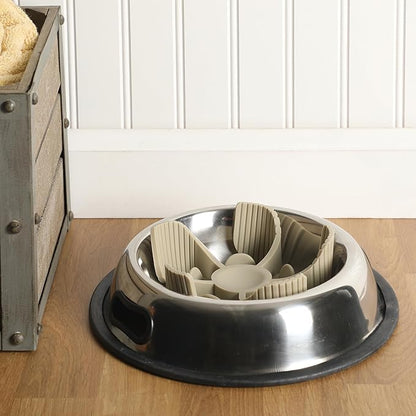 Gibson Home Curious Canines 7.5” Slow Feeder Dog Bowl Insert, Silicone Anti-Gulp Insert, Fits Stainless Steel & Standard Dog Bowls, Dishwasher Safe, Taupe