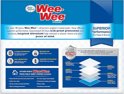 Four Paws Wee-Wee Superior Performance Unscented Pee Pads for Dogs & Puppies, Quilted Leak-Proof Dog Housebreaking Potty Training Floor Protection, 22" x 23", 50 Count