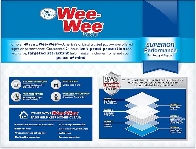Four Paws Wee-Wee Superior Performance Unscented Pee Pads for Dogs & Puppies, Quilted Leak-Proof Dog Housebreaking Potty Training Floor Protection, 22" x 23", 7 Count