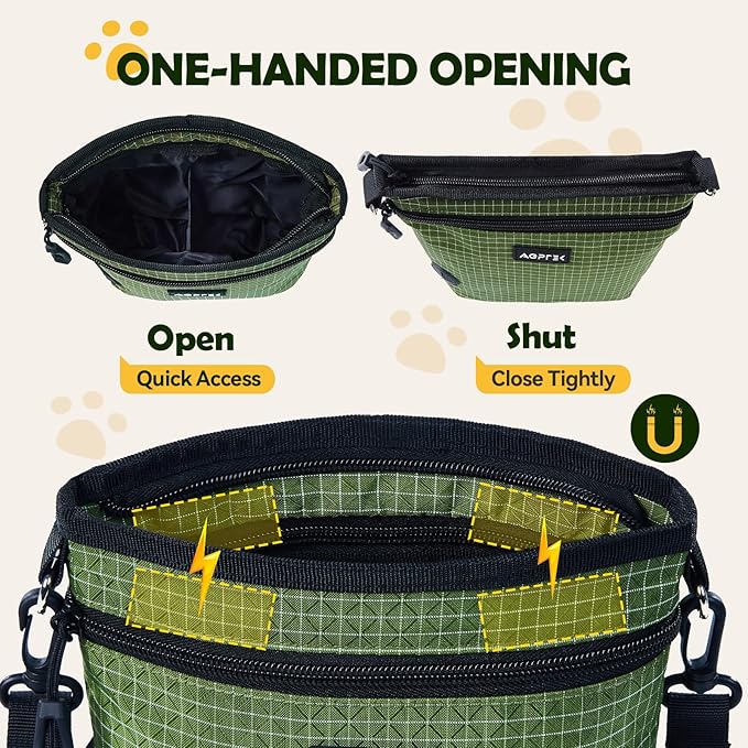 AGPTEK Dog Treat Pouch, Magnetic Dog Walking Pouch with Removable & Split Snack Bag, Water-Resistant Waist Pack with Poop Bag Dispenser & Hands-Free D-Ring for Training, Walking, Hiking, Run, Green