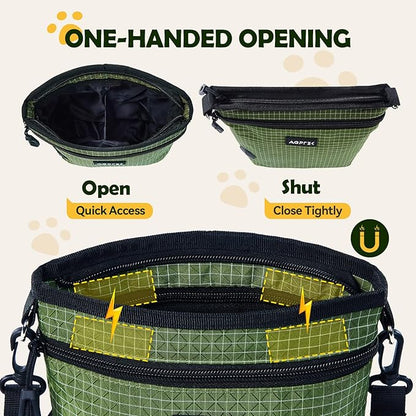 AGPTEK Dog Treat Pouch, Magnetic Dog Walking Pouch with Removable & Split Snack Bag, Water-Resistant Waist Pack with Poop Bag Dispenser & Hands-Free D-Ring for Training, Walking, Hiking, Run, Green
