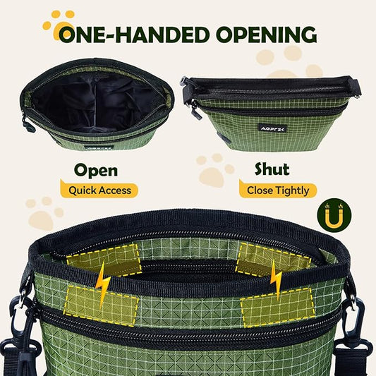 AGPTEK Dog Treat Pouch, Magnetic Dog Walking Pouch with Removable & Split Snack Bag, Water-Resistant Waist Pack with Poop Bag Dispenser & Hands-Free D-Ring for Training, Walking, Hiking, Run, Green
