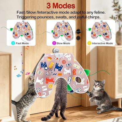 Interactive Cat Toys Moving Concealed Feathers Cat Toys Wall-Mounted Hanging Kitten Teaser Toy for Indoor Cats, Multi-Cat Households (Pink)