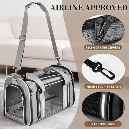 Airline Approved Cat Carrier, Soft Sided Pet Carrier for Small Dogs Cats up to 15lbs, Collapsible Sturdy Cat Travel Carrier, Claw-Resistant Mesh & Self-Locking Zippers (17.7x10.8x11) (Grey)