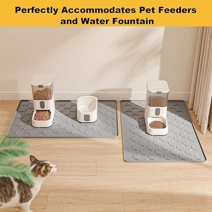 Pieviev 34''x22'' Dog Cat Food Bowl Mat, Silicone Waterproof Food Grade Pet Food Mat for Floor, High Raised Edge to Prevent Spills, Non-Slip & Easy Clean Pet Placemat for Dog & Cat Bowls, Light Gray
