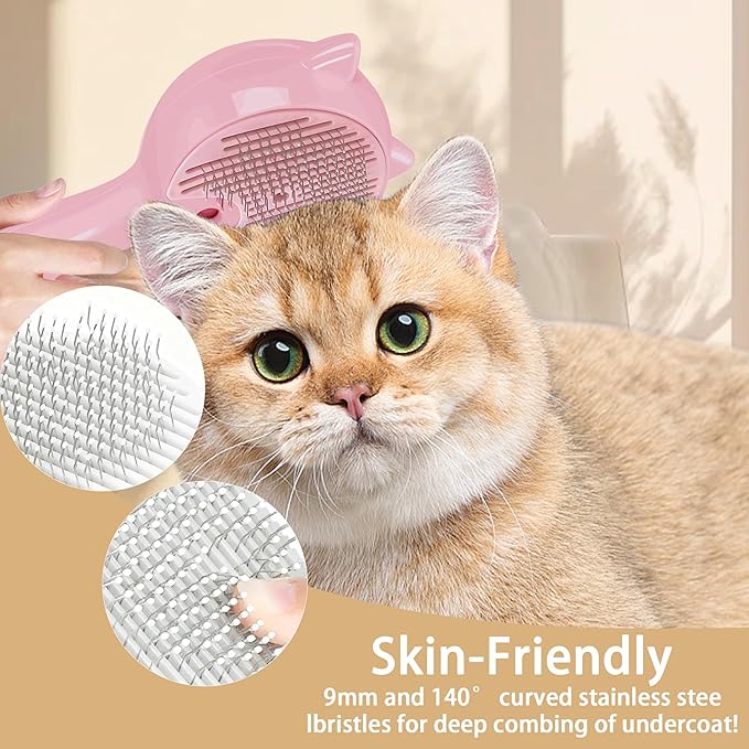 Pet Steam Brush for Cats & Dogs ，3-in-1 Pet Grooming Comb，Reduces Shedding, Soft Bristles, Promotes Healthy Coat-Comes - Includes Waterless Shampoo，Pink