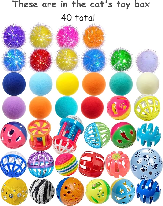 40 Pcs Luxury Cat Balls Set, Indoor Interactive Cat Toys for Bored Kittens, Jingle Balls Plush Glow Balls Soft Pom Balls, Play Balls for Kitties All Ages (1.5'' - 2.3'')