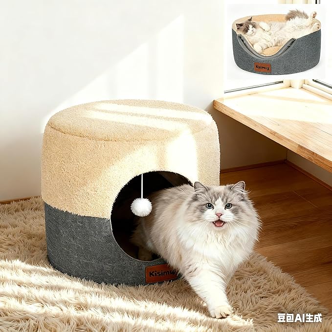 Cat Cave Bed for Indoor Cats, 2-in-1 Convertible Cat House & Lounge with Reversible Plush Cushion – Calming Anti-Anxiety Anti-Slip Pet Bed for Small Dogs & Kittens, Cozy Hideaway Tent, 19.7 inches