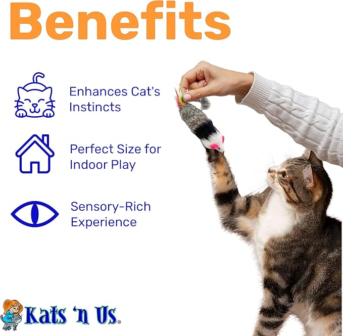 Kats'N Us Dat Darn Ferret with Feathers Real Rabbit Fur Cat Toy- Furry Cat Toys, Cat Stuffed Animal, Cat Entertainment for Indoor Cats and Kittens, Interactive Cat Toys - 10 Inches