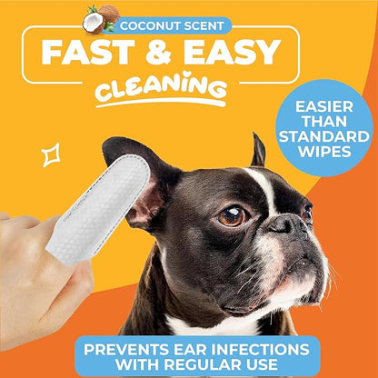 Dog Ear Cleaner Wipes – Finger Wipes for Dogs & Cats – Cleaning, Soothing, & Deodorizing Itchy Ears – Pet Ear Relief Solution (Coconut)