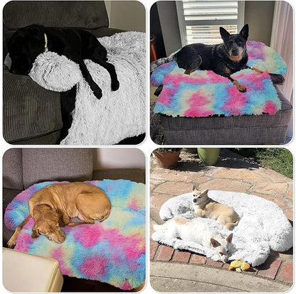 GGIB Calming Dog Bed Fluffy Plush Dog Mat for Furniture Protector with Removable Washable Cover for Large Medium Small Dogs and Cats (Extra Large (53x39.3x6), Rainbow)