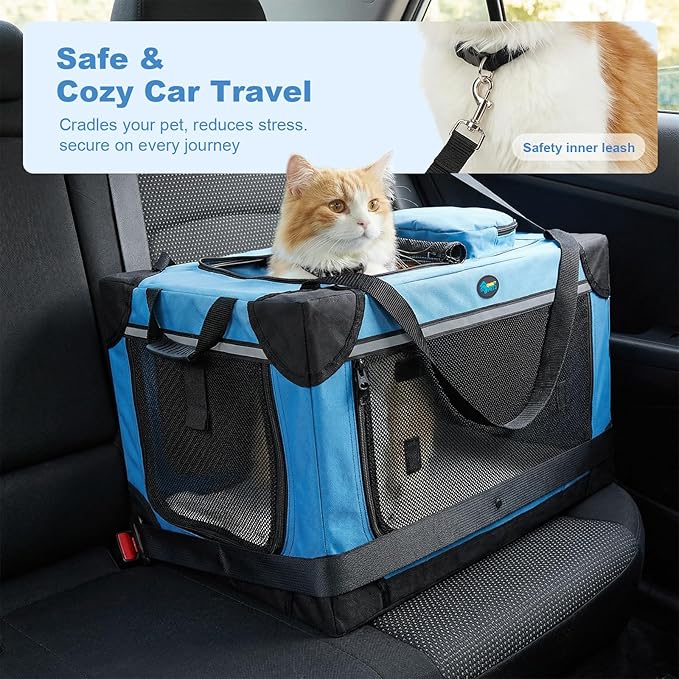 Ownpets Extra Large Cat Carrier for 2 Cats Small Dogs, 24 Inches Collapsible Soft Dog Crate for Car Travel, Portable Pet Carrier with Soft Mat, Blue