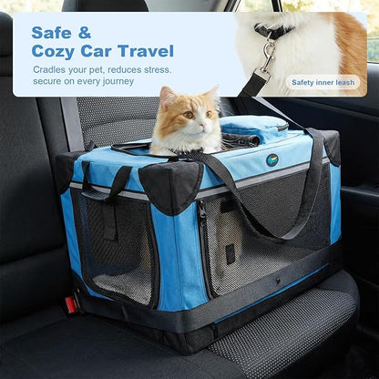Ownpets Extra Large Cat Carrier for 2 Cats Small Dogs, 24 Inches Collapsible Soft Dog Crate for Car Travel, Portable Pet Carrier with Soft Mat, Blue