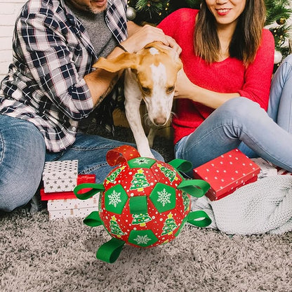 Christmas Soccer Ball Dog Toy With Straps for Interactive Play and Tug of War - Christmas Tree & Snowflower Pattern for Small, Medium, Big Dogs (6 Inches)