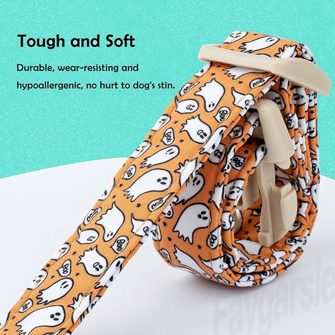 Faygarsle Halloween Ghost Pattern Dog Collar with Charm, Orange and White,for Small Medium Large Dogs XS