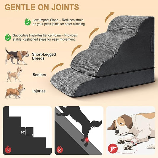 Dog Stairs for Small Dogs, Puppy, Older Cat, High Density Foam Pet Ramp for Sofa, Couch and Bed, 2-in-1 Convertible Dog Steps(3-Step & 4-Step)