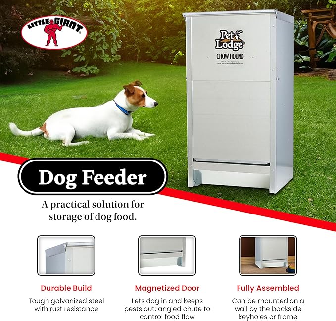 Little Giant Chow Hound 25 Pound Capacity Heavy Gauge Steel Indoor and Outdoor Dry Food Automatic Dog Feeder, Pack of 2, Silver