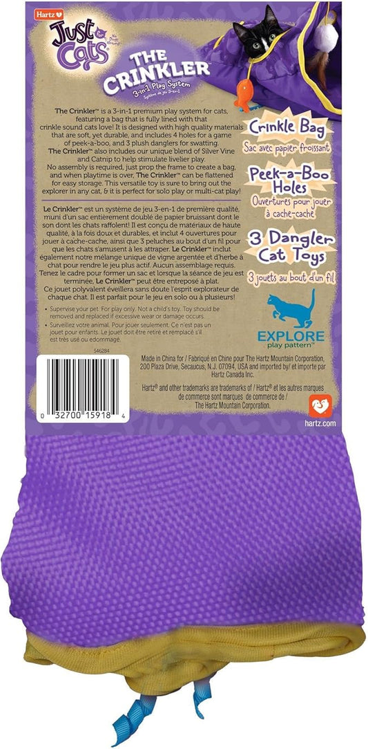 Hartz Just for Cats The Crinkler, 3-in-1 Mega Cat Toy with Silver Vine & Catnip, Crinkle Bag, Peek-a-Boo Holes, 3 Dangler Toys