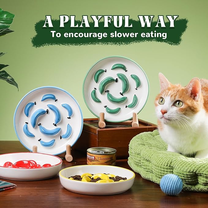 Ceramic Cat Slow Feeder Bowl - Vibrant Cat Feeding Bowl - Cute Maze Food Dish for Slow Eating - Dishwasher Safe - 6.3''W x 1.2''H - 7 OZ - Yellow