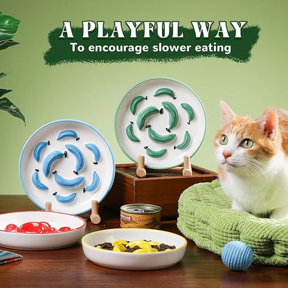 Ceramic Cat Slow Feeder Bowl - Vibrant Cat Feeding Bowl - Cute Maze Food Dish for Slow Eating - Dishwasher Safe - 6.3''W x 1.2''H - 7 OZ - Yellow