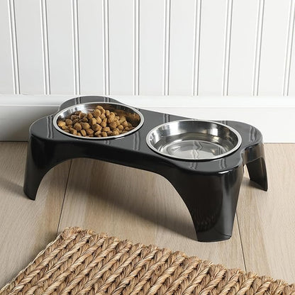 Gibson Home Bow Wow Meow 3-Piece Elevated Dog Bowl Set – Bone-Shaped Raised Feeder with 2 Stainless Steel Bowls for Medium to Large Dogs, Non-Slip, Easy to Clean, Black